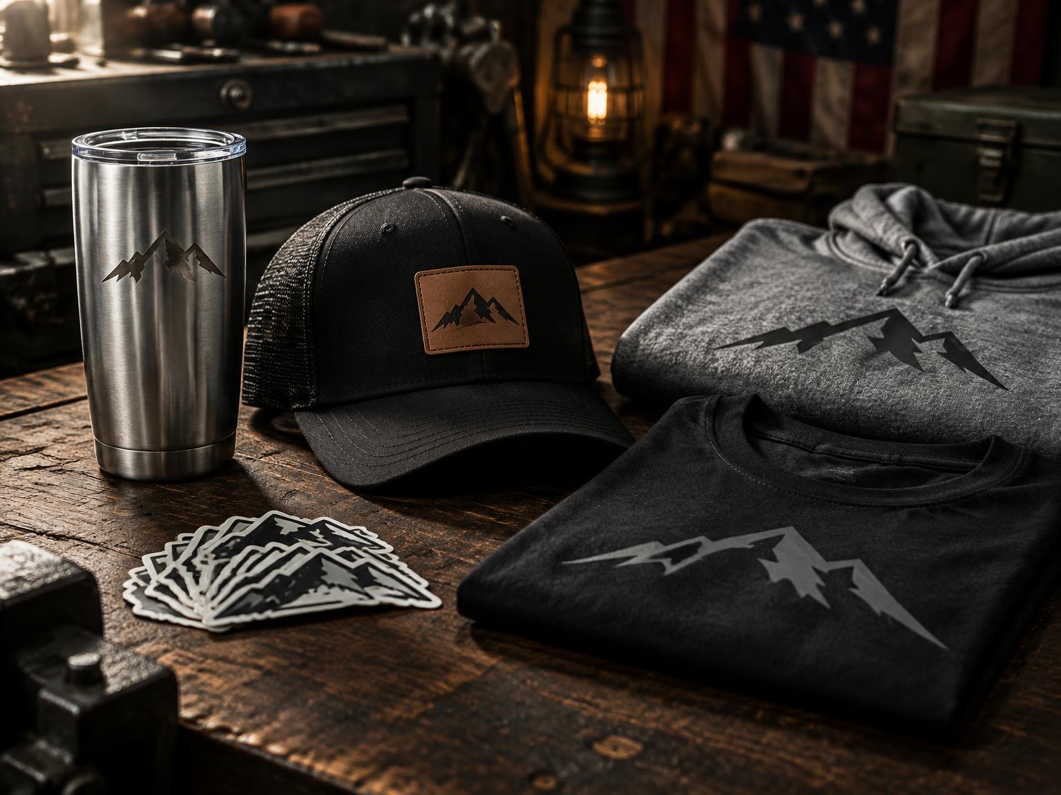 Engraved tumbler, die-cut stickers, patched trucker cap, t-shirt, and hoodie with one mountain logo