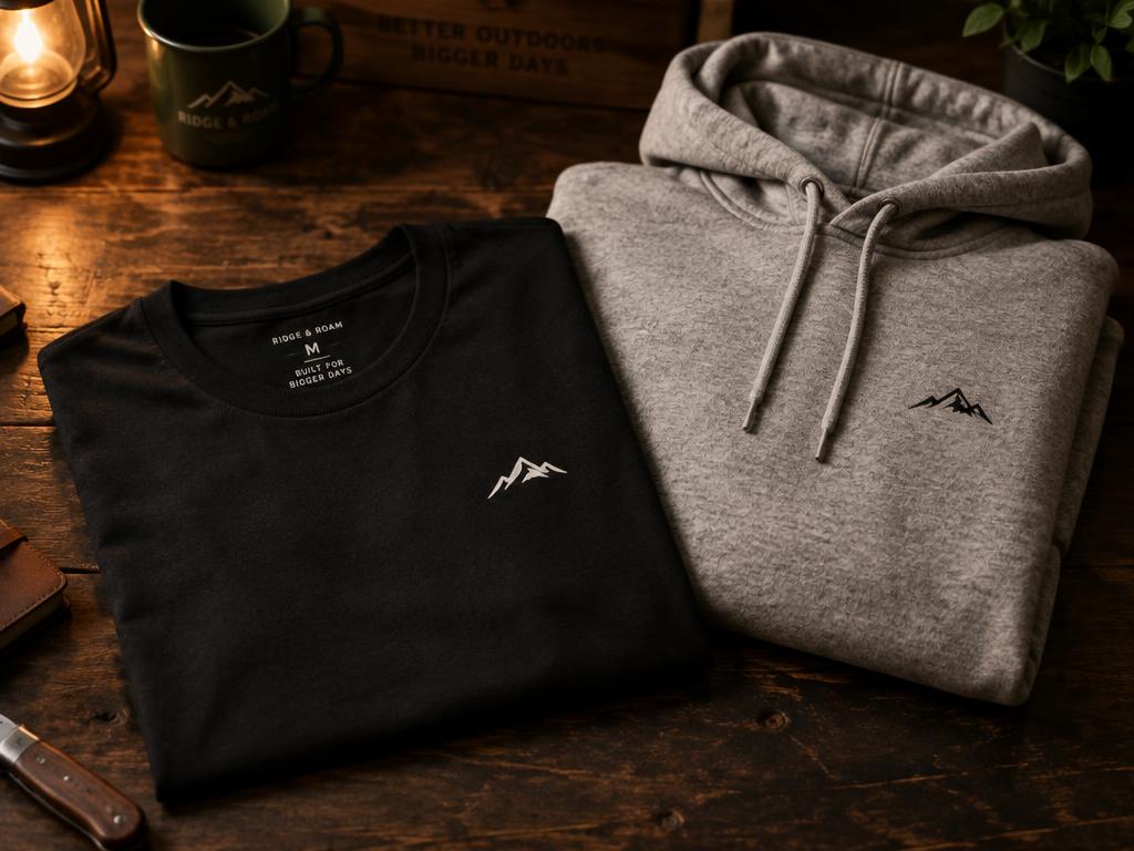 Folded black custom t-shirt and gray hoodie with a small logo