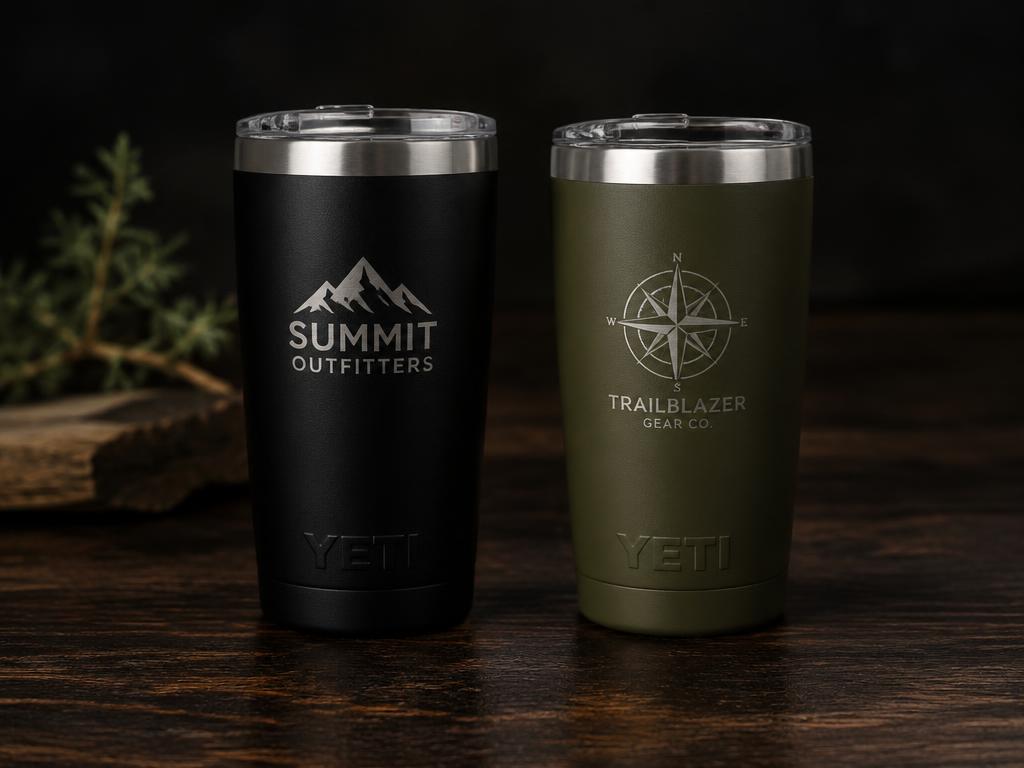 Black and olive tumblers with laser-engraved logos