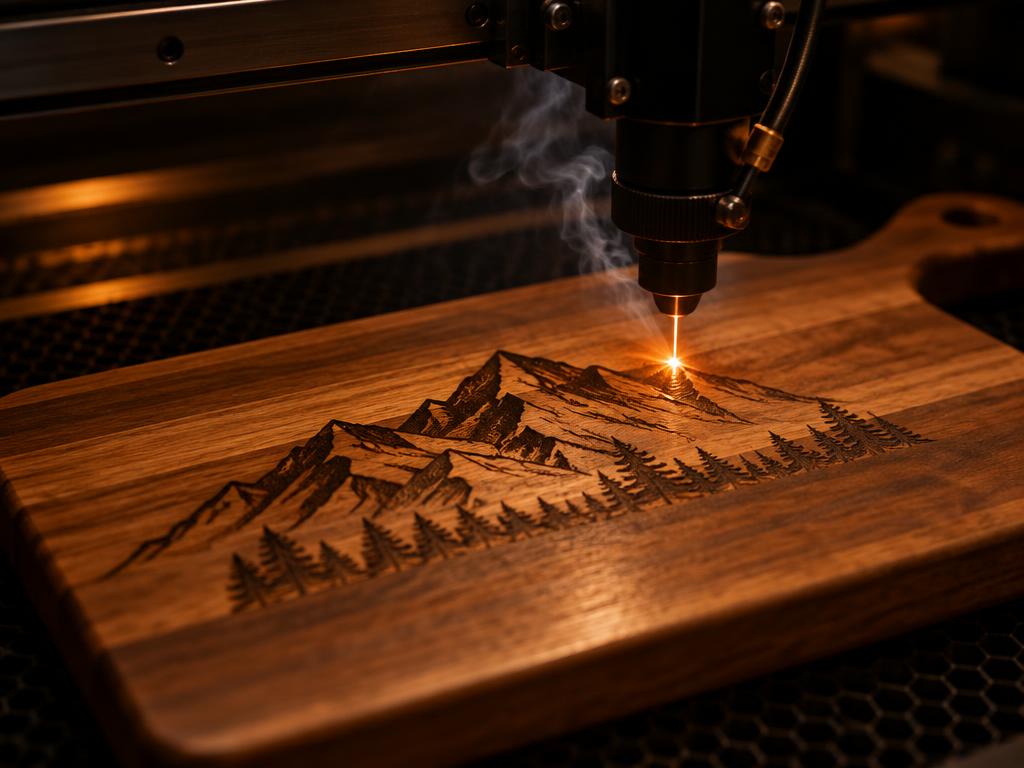 Laser engraving a mountain design into a wooden cutting board
