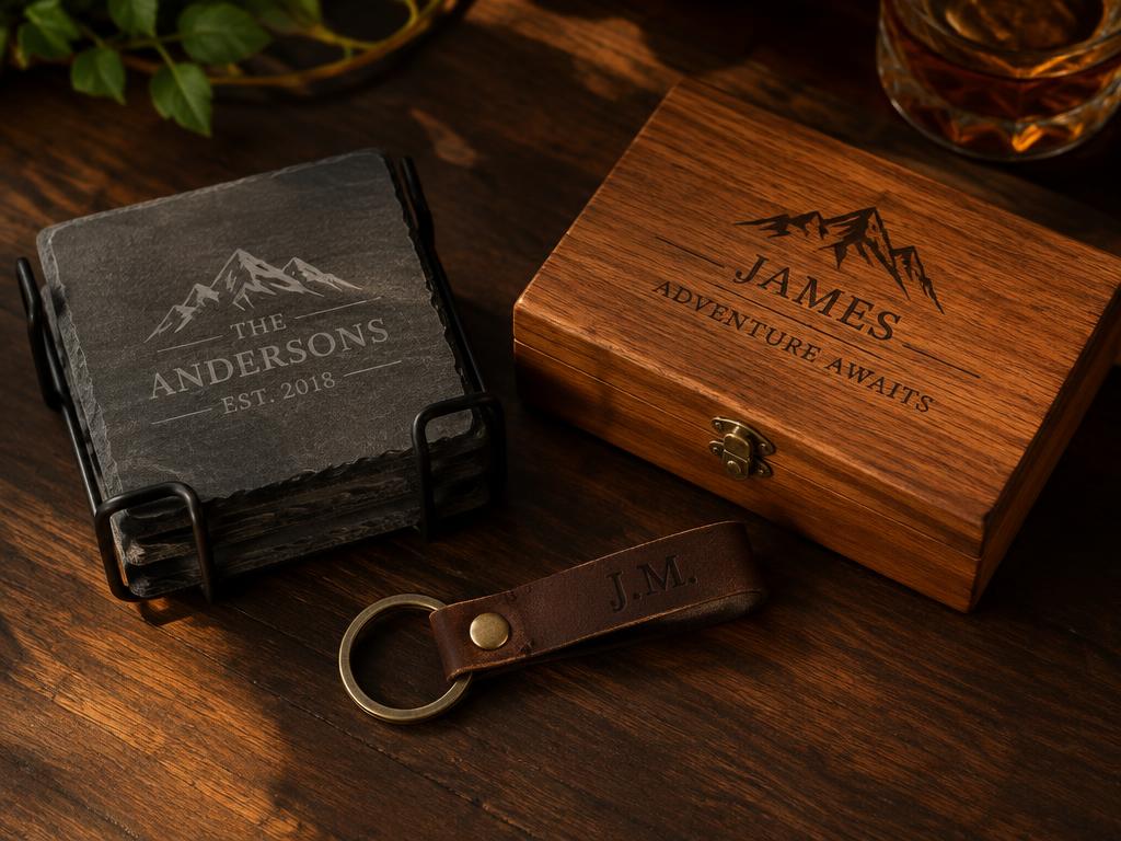 Engraved slate coasters, wooden keepsake box, and leather keychain